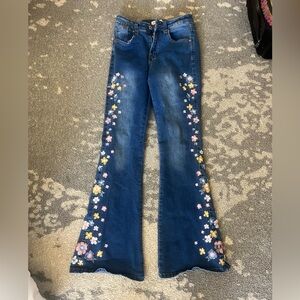 Floral Embroidered flare denim blue jeans bell bottoms flower embellishment boho